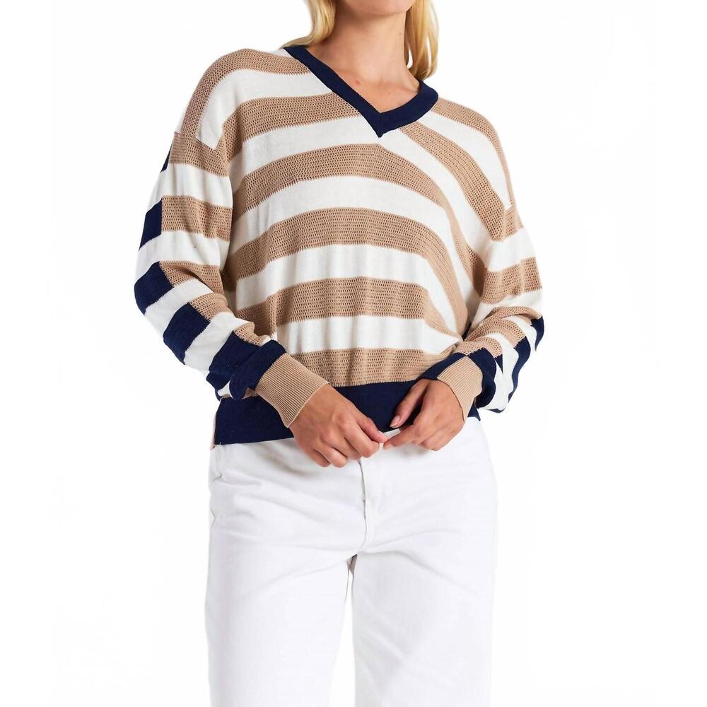 NEW BRODIE CASHMERE mesh stripe v sweater in light brown & navy